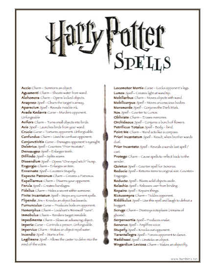 harry potter list of spells
